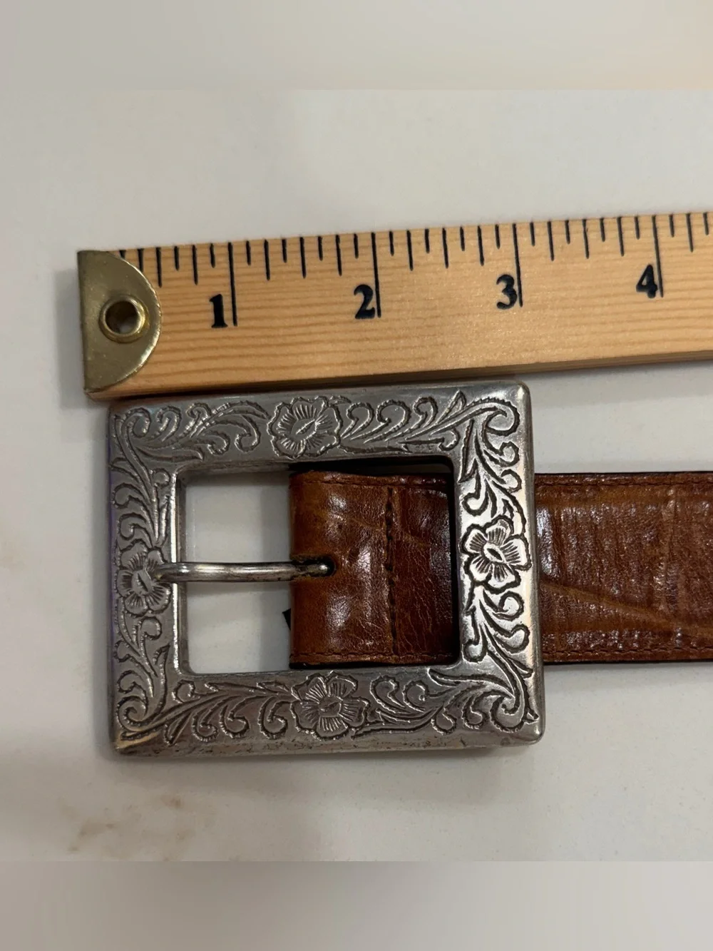 Brighton Belt #42707 1992 Brown Embossed Leather Engraved Floral Silver Buckle